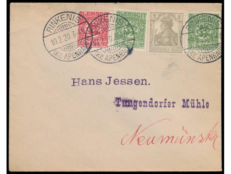 Stempel  Rinkenis (Kr. Apenrade)  10.2.20 auf Brief mit gestempelter Adresse nach Neumünster, Mischfrankatur 2 x 5 Pf. und 10