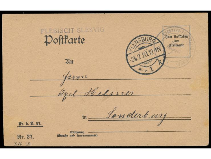 Vordruckkarte "Fr. d. Abl. 21" des Eisenbahn-Verkehrsamt Flensburg mit Briefstempel und L1  Plebiscit Slesvig,  Stempel  Flen