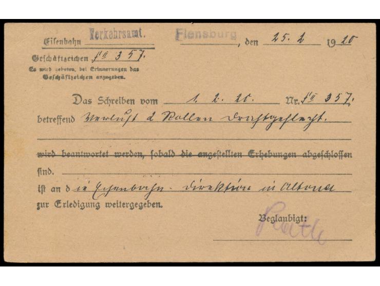 Vordruckkarte "Fr. d. Abl. 21" des Eisenbahn-Verkehrsamt Flensburg mit Briefstempel und L1  Plebiscit Slesvig,  Stempel  Flen