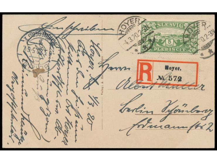 Einzelfrankatur 5 Mark auf  Einschreib-Postkarte (Ansicht Hoyerschleuse) mit Stempel  Hoyer  4.3.20 nach Berlin-Schöneberg, A