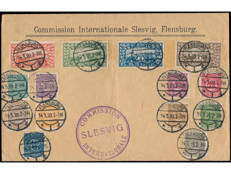 kompletter Satz auf Umschlag mit vorderseitigem Absendereindruck  "Commission Internationale Slesvig, Flensburg"  und Diensts