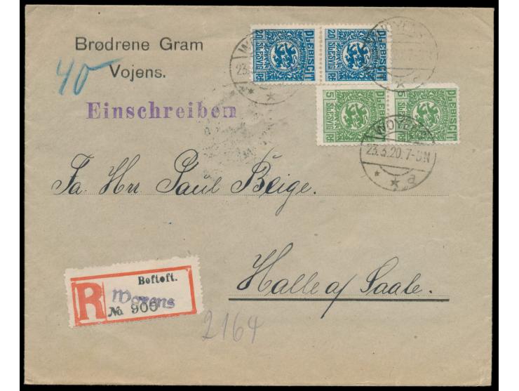 2 x 5 Pf. (eine Marke kleiner Eckfehler) und 2 x 20 Pf. auf Einschreibbrief mit Stempel  Woyens  23.3.20 nach Halle,  R-Zette
