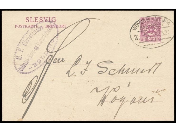 Bahnpoststempel  Woyens - Arnum  Z. 45 29.3.20 auf Ganzsache 15 Pf. nach Woyens, Absenderstempel Rödding, Bedarf
Stichwörter: