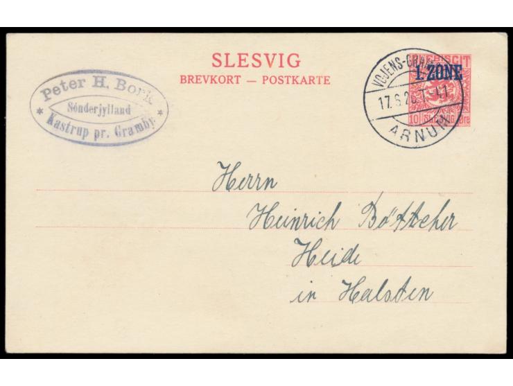 1. Zone:  Ganzsache 10 Öre aus Kastrup mit dänischem  Bahnpoststempel Vojens - Gramby - Arnum T - 41  17.6.20 nach Heide, Bed