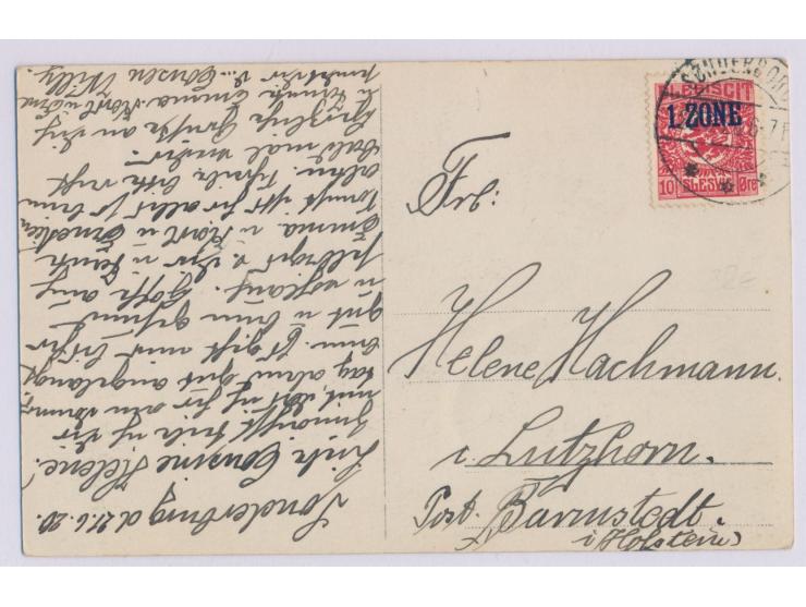 1. Zone,  Einzelfrankatur 10 Öre auf Ansichtskarte mit dänischem Stempel  Sönderborg  (mit Nr. 1) 22.6.20, nach Barmstedt, Be