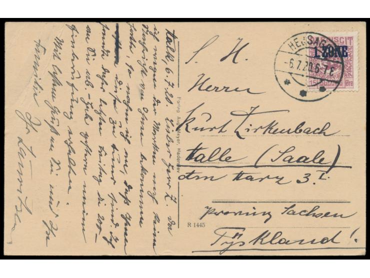 1. Zone,  Einzelfrankatur 15 Öre auf Postkarte nach Halle, seltener Stempel  Hejsager  6.7.20 (Gruber-Handbuch 240 P.), porto
