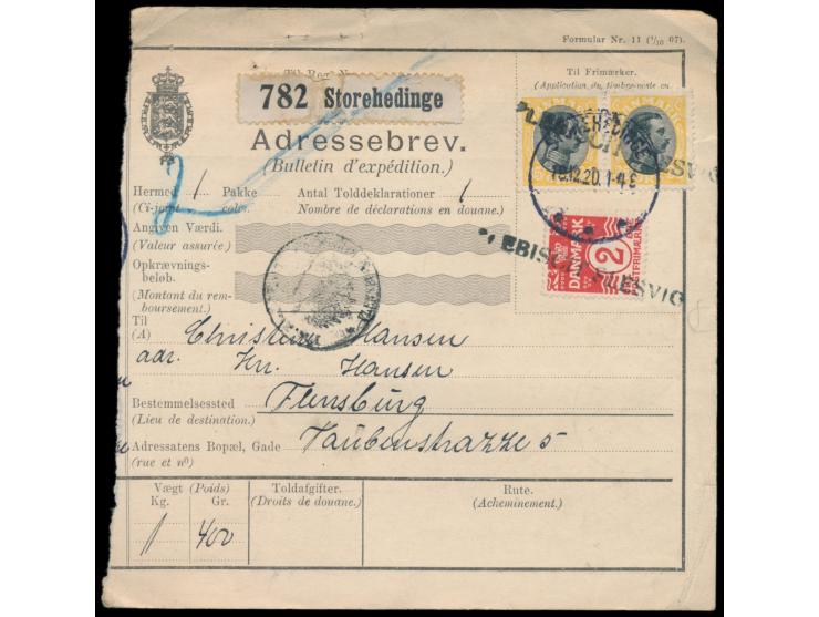 Dänemark  2 Öre und 2 x 35 Öre auf  Paketkarte  für ein Paket nach Flensburg, Stempel  Storehedinge  18.12.20 und 2 x  Einzei
