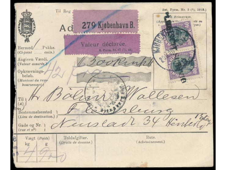 2 x  Dänemark  50 Öre auf  Paketkarte  für ein Wertpaket nach Flensburg, Stempel  Kopenhagen  21.12.20 und  Einzeiler   "Pleb