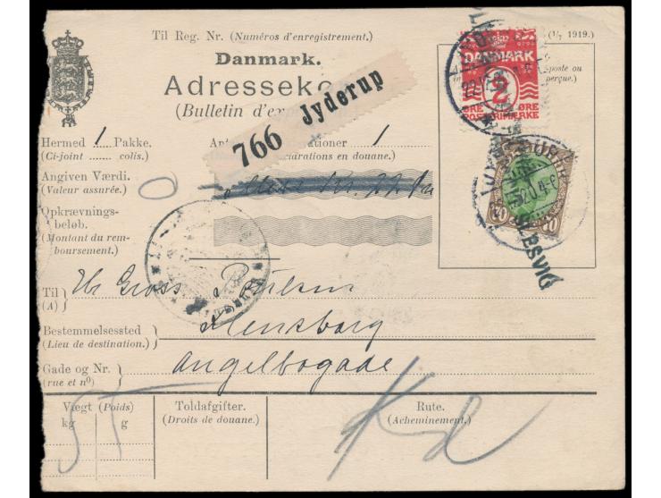 Dänemark  2 Öre und 70 Öre auf  Paketkarte  für ein Paket nach Flensburg, Stempel  Jyderup  22.12.20 und 2 x  Einzeiler   "Pl