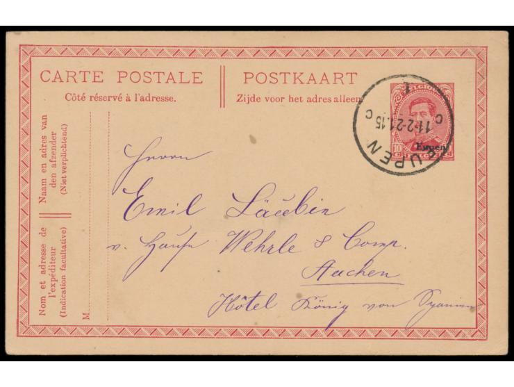 Eupen,  Ganzsache 10 C. mit Stempel Eupen 11.2.21 nach Aachen, Bedarf
