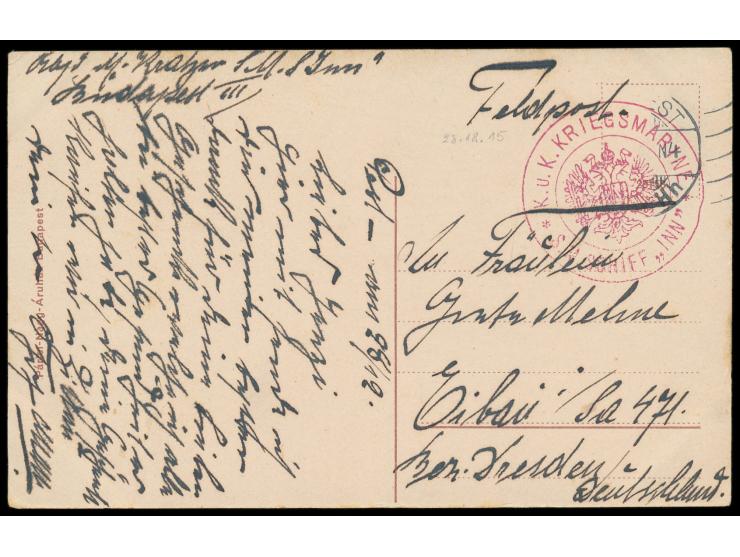 Donau-Flottille,  Feldpostkarte aus  Budapest  vom 28.12.(1915) nach Eibau, rotes Dienstsiegel  K. u. k. Kriegsmarine S. M. S