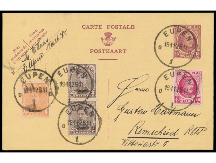 Eupen,  Belgien-Ganzsache 15 C. mit Zusatzfrankatur 40 C. und  Eupen 1 C. und 2 x 2 C.,  Stempel Eupen 19.11.25, nach Remsche