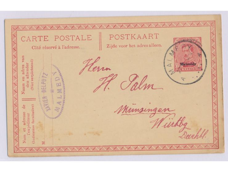 Malmedy,  Ganzsache 10 C. mit Stempel Malmedy 23.9.20 nach Münsingen, unten kleine Flecke, Bedarf
