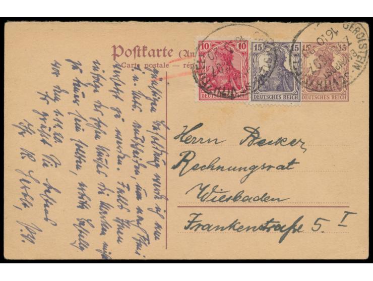 Malmedy,  seltener Ganzsachen-Antwortteil Dt. Reich 15 Pf. braunlila mit  zweisprachigem Vordruck  (P 118 A) und Zusatzfranka