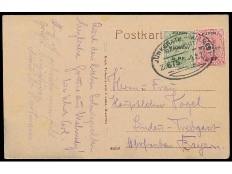 Eupen &amp; Malmedy:  Belgien 5 C. und 10 C. mit Aufdruck 5 Pf. bzw. 10 Pf. auf Ansichtskarte "Malmedy - Marktplatz m. Pfarrk