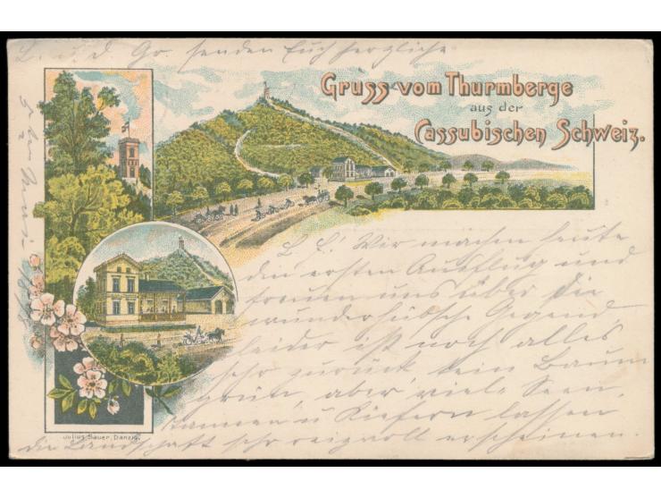 Kreis Karthaus (Regierungsbezirk Danzig):  Litho-Ansichtskarte  "Gruss vom Thurmberge aus der Cassubischen Schweiz",  Frankat