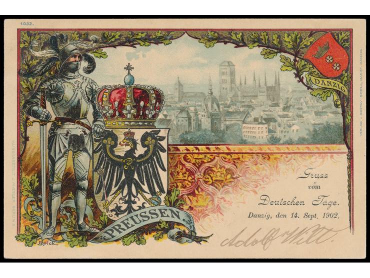 Litho-Ansichtskarte  "Gruss vom Deutschen Tage, Danzig, den 14. Sept. 1902"  mit Stadtpanorama, Ritter und Reichsadler mit Kr