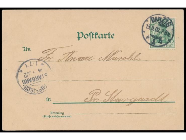 Litho-Ansichtskarte  "Gruss vom Deutschen Tage, Danzig, den 14. Sept. 1902"  mit Stadtpanorama, Ritter und Reichsadler mit Kr