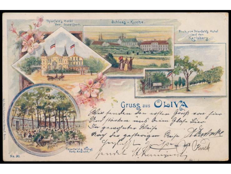 Gruss aus Oliva,  Litho mit 4 Teilbildern Thierfelds Hotel, 5 Pfg. Germania (unbedeutender Einriss), Stempel Oliva (Westpr) 1