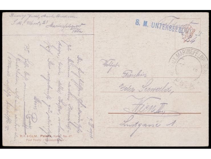 Stempel K. u. k. Marinefeldpostamt Pola 10.4.18 und blauer L1  S. M. Unterseeboot "2"  auf Feldpostkarte nach Wien, auch ents