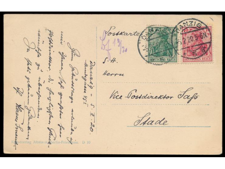 zwei Ansichtskarten (Langgasser Tor und Langebrücke) mit  Vorläufer-Frankatur  5 Pf. + 10 Pf. Germania, beide Stempel  Danzig