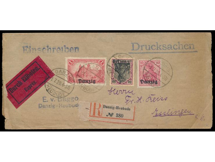 Eilboten-Eischreiben-Streifband  mit Stempel Danzig-Heubude 1.7.20 nach Esslingen, portorichtige Frankatur 1,60 M.
