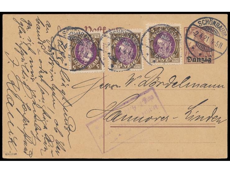 4 x Gitterstempel  Schönbaum  2.4.21 auf Ganzsache 15 Pf. mit Zusatzfrankatur 3 x 5 Pf. nach Hannover, Bedarf
