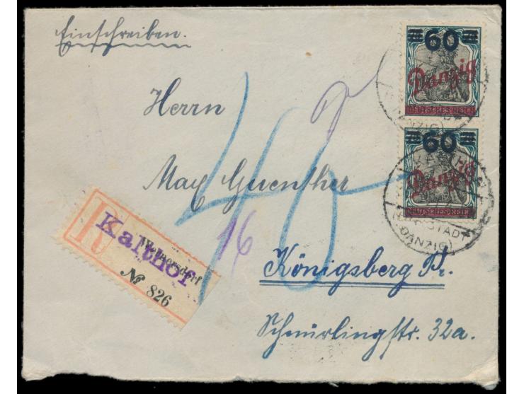2 x 60 Pf. auf 75 Pf. auf Einschreibbrief mit Stempel Kalthof (Freistadt Danzig) 30.5.21 nach Königsberg, R-Zettel Wernersdor