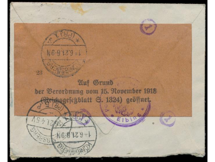 2 x 60 Pf. auf 75 Pf. auf Einschreibbrief mit Stempel Kalthof (Freistadt Danzig) 30.5.21 nach Königsberg, R-Zettel Wernersdor