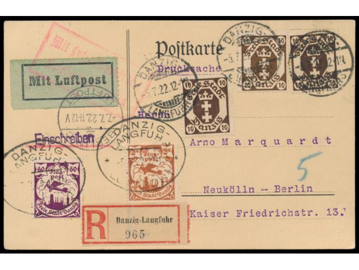 Luftpost-Einschreiben-Drucksache  nach Berlin, Frankatur 3 x 10 Pf. Staatswappen mit Stempel Danzig-Langfuhr 5.7.22 und 60 Pf