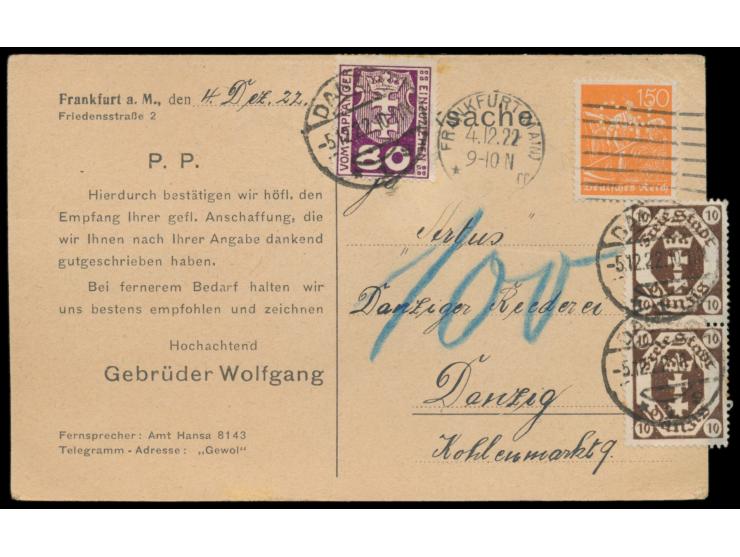 Dt. Reich 150 Pf. (MiNr. 189) mit Firmenlochung "G W" auf Drucksache  nach Danzig, Maschinenstempel Frankfurt (Main) 4.12.22,