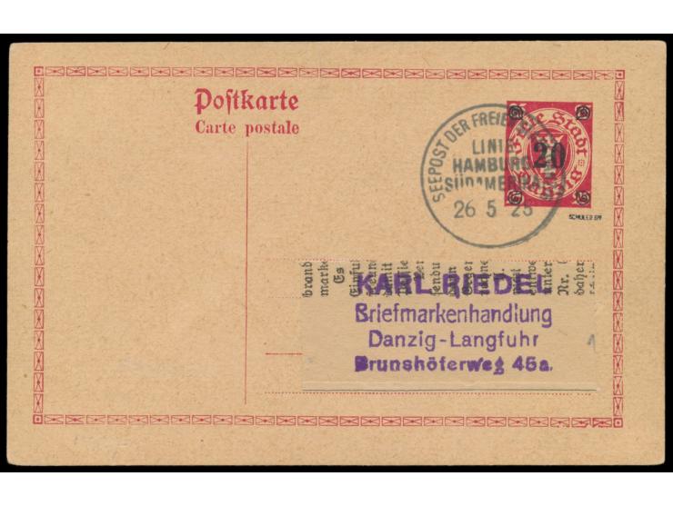 Stempel  Seepost der Freien Stadt Danzig Linie Hamburg - Südamerika  26.5.25,  Dampfer Holm,  auf Ganzsache an Karl Riedel in