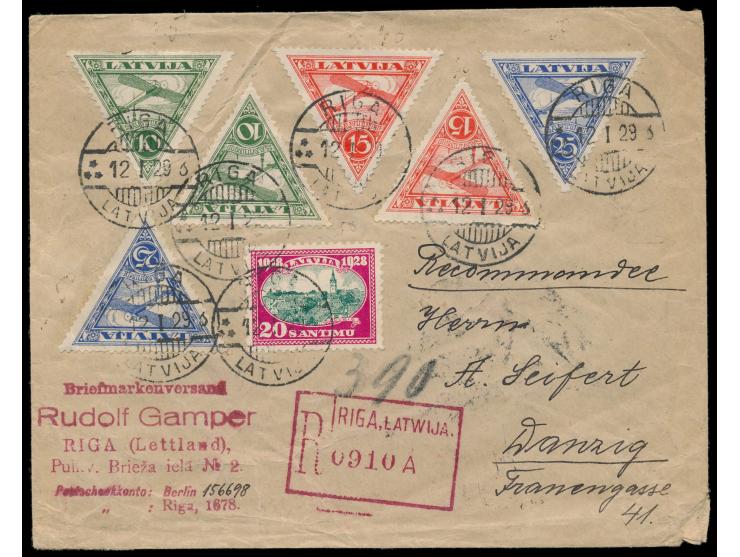 Luftpost-Einschreibbrief aus Riga / Lettland 12.1.29 nach Danzig, rückseitig großer grüner Aufkleber  "Zollamtlich abgefertig