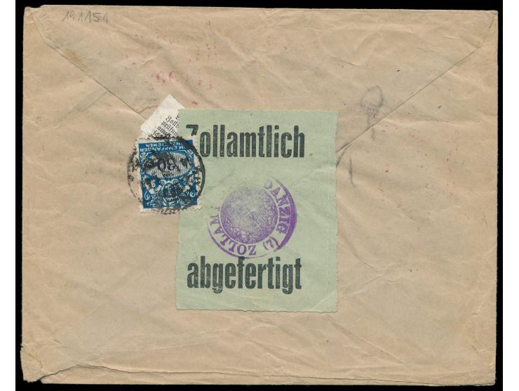 Luftpost-Einschreibbrief aus Riga / Lettland 12.1.29 nach Danzig, rückseitig großer grüner Aufkleber  "Zollamtlich abgefertig