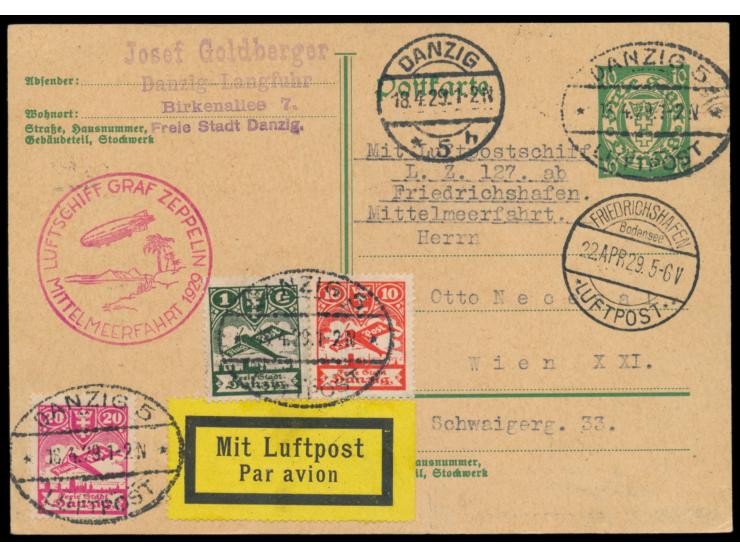 Mittelmeerfahrt LZ 127  23. bis 25.4.1929 mit  Danzig-Zuleitung,  Abwurf Sevilla, Danzig-Ganzsache   10 Pf. mit Zusatzfrankat