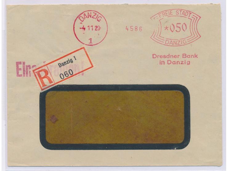 Orts-R-Brief mit  Absenderfreistempel Dresdner Bank in Danzig ,   Stempelkopf  Danzig 1  4.11.29, Bogenrechteck-Wertrahmen 50