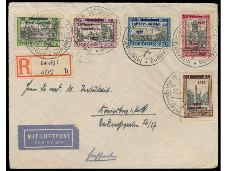 LUPOSTA 1932,  kompletter Satz auf Luftpost-Einschreibbrief nach Königberg, Sonderstempel Internationale Luftpost Ausstellung