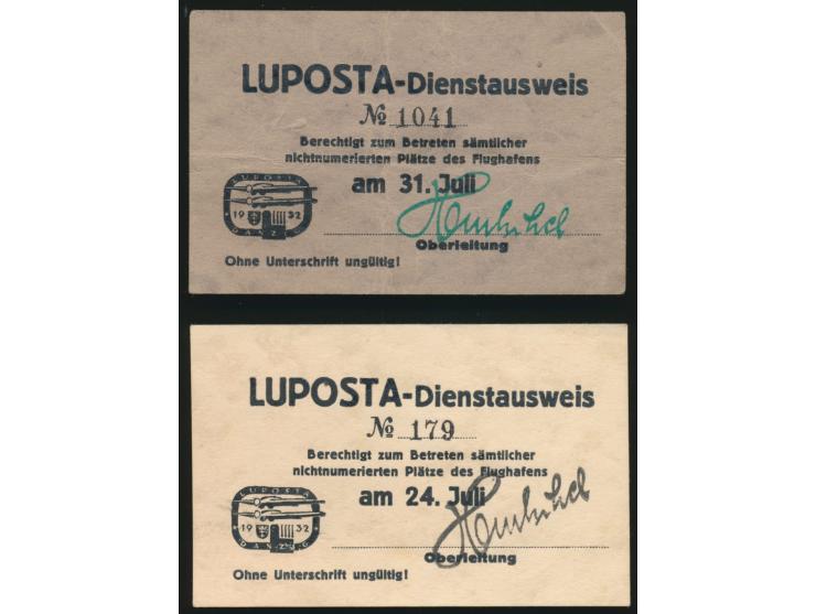 LUPOSTA 1932: &nbsp;zwei &nbsp;Dienstausweise &nbsp;für die Berechtigung zum Betreten sämtlicher nichtnummerierter Plätze des