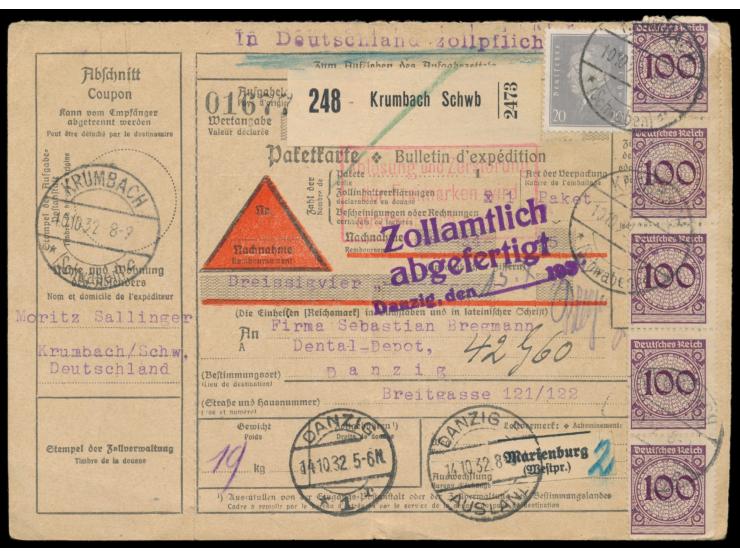 Nachnahme-Paketkarte &nbsp;von Krumbach (Schwaben) 10.10.32 &nbsp;nach Danzig, &nbsp;Frankatur &nbsp;5 x 100 Pf. Rosette (zwe