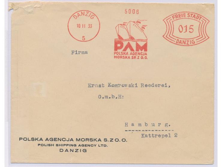 Absenderfreistempel  Polska Agencja Morska ,   Stempelkopf  Danzig 5  10.11.33, Bogenrechteck-Wertrahmen 15 Pf., Brief nach H