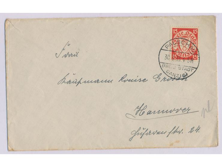 Stempel  Palschau (Freie Stadt Danzig)  30.3.33 auf Brief mit 15 Pf. Staatswappen nach Hannover, Bedarf

