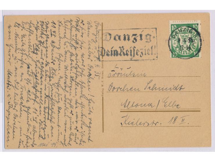 10 Pf. mit  Rollenzähnung  und Rollenschnitt auf Ansichtskarte Danzig - Fliegeraufnahme, Maschinenstempel  Danzig 5  8.4.35, 