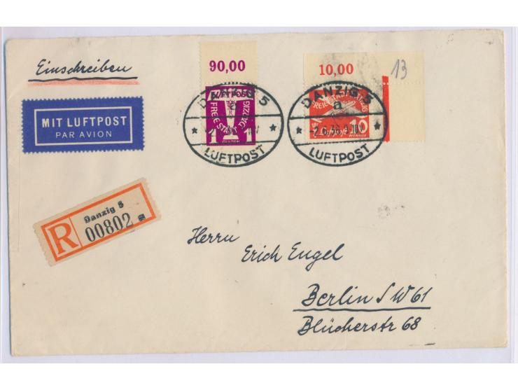 Flugpost 10 Pf. mit Eckrand rechts oben und 1 G. mit Oberrand auf Luftpost-Einschreibbrief nach Berlin, Ovalstempel  Danzig 5