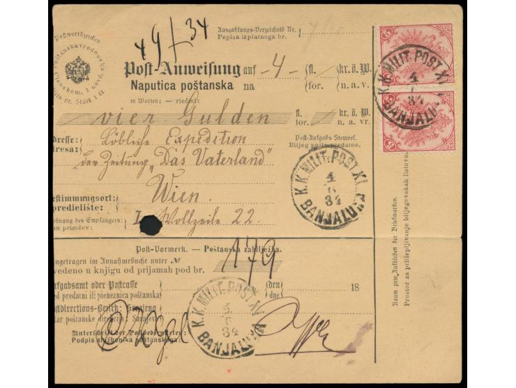 2 x 5 Kr. auf  Postanweisung  auf 4 Gulden, Stempel K. k. Milit. Post XI.  Banjaluka  4.6.84, nach Wien, Ankunftstempel 6.6.8