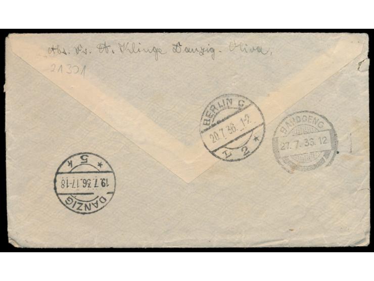 Luftpostbrief  mit Stempel Danzig-Oliva 19.7.36  nach Niederländisch-Indien  mit 1 G. Flugpost, eine weitere Marke auf dem Tr
