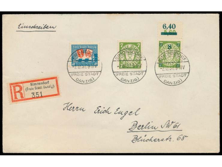 40 Pf. "Danziger Dorf" mit 7 Pf. und 8 auf 7 Pf. (mit Oberrand) Wappen auf Einschreibbrief nach Berlin, Stempel  Simonsdorf  