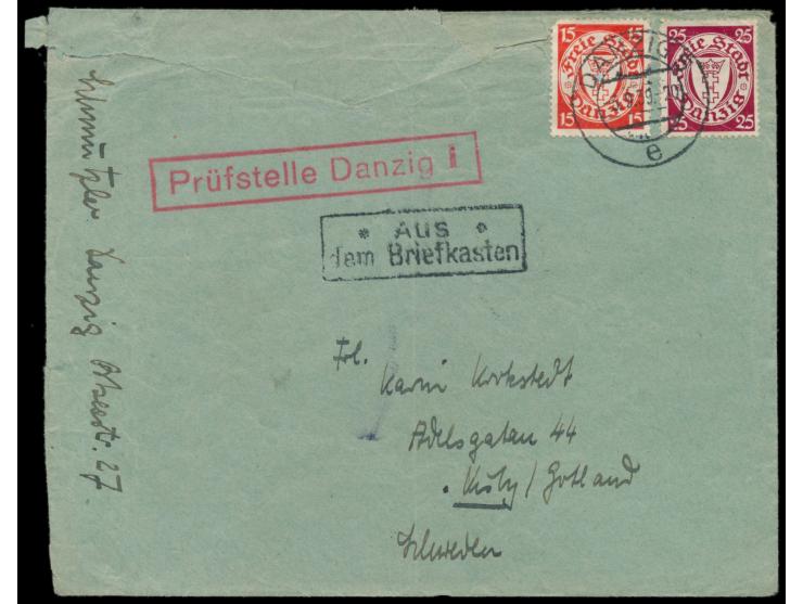 15 Pf. und 25 Pf. (beide Mängel) auf Auslandsbrief nach Schweden, Stempel  Danzig 5  3.9.39, R2  "Aus dem Briefkasten" , vord