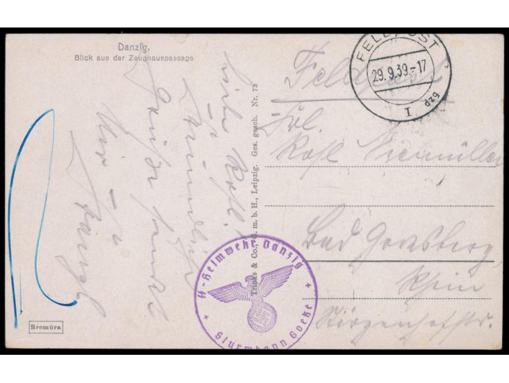Stempel Feldpost I dzg 29.9.39 und Briefstempel  SS-Heimwehr Danzig / Sturmbann Goetze  auf Ansichtskarte nach Bad Harzburg, 
