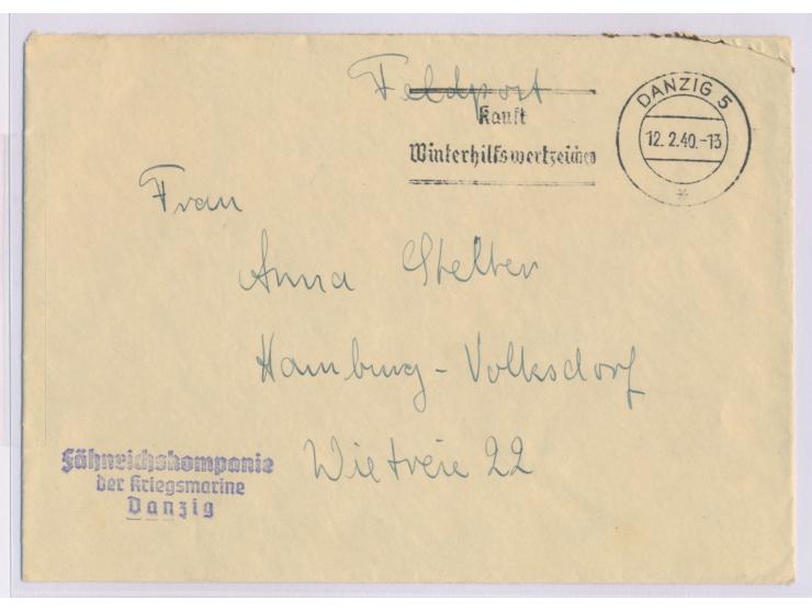 Feldpostbrief mit Maschinen-Werbestempel  Danzig 5  12.2.40 "Kauft Winterhilfswertzeichen", Absenderstempel  Fähnrichskompani
