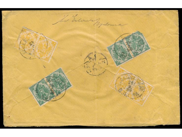 Steindruck 4 x 2 Kr. gelb und 4 x 3 Kr. grün (eine Marke beschädigt) in waagerechten Paaren rückseitig auf  Einschreibbrief  